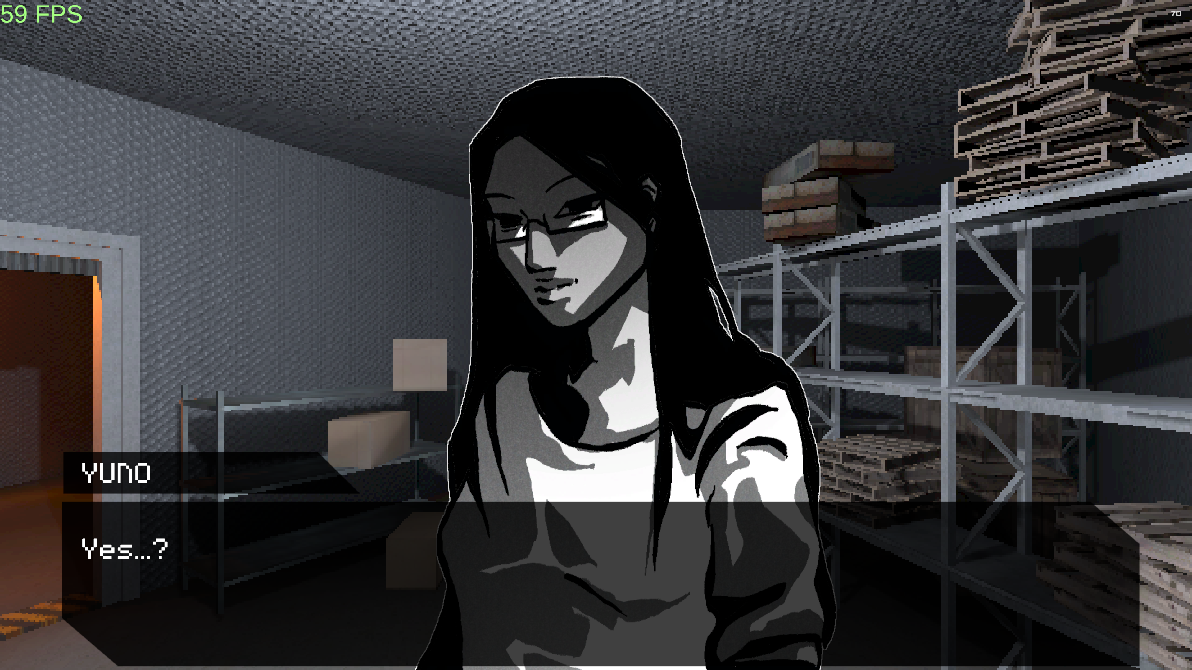 Screenshot of a bunker, Yuno and a dialogue box
